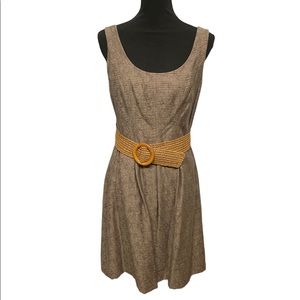 Nine West Textured Dress Sz 10 Belted Fit & Flare Brown Taupe Sleeveless Summer